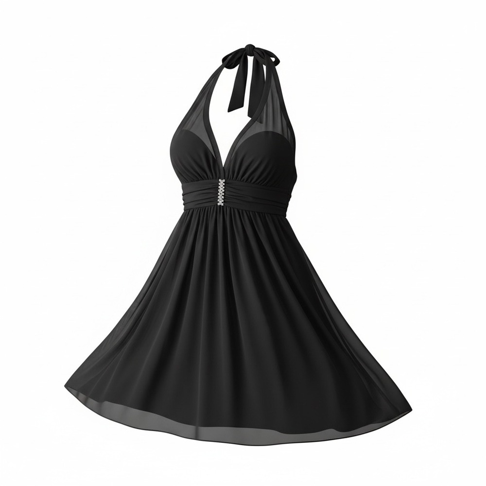 Speechless Black Halter Cocktail Dress‎ Rhinestone Waist Sheer Overlay M